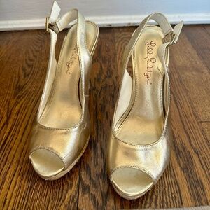 Lilly Pulitzer Gold Peep Toe Slingback Kristin Wedges - Size 6